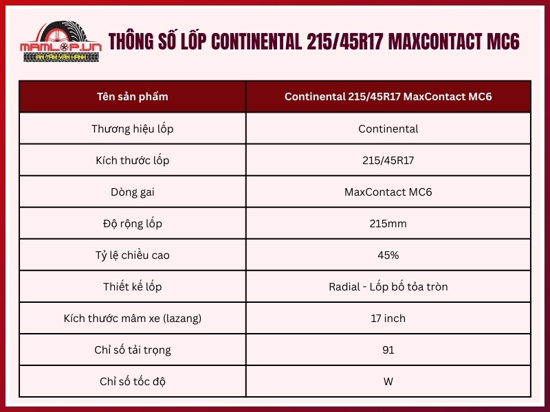 Thông số kỹ thuật vỏ xe Continental 215/45R17 MaxContact MC6