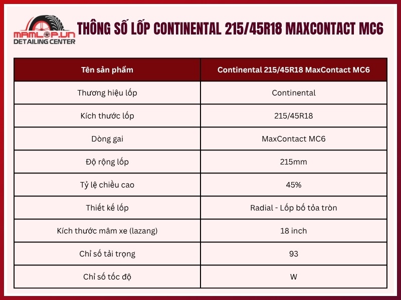 Thông số lốp Continental 215/45R18 MaxContact MC6