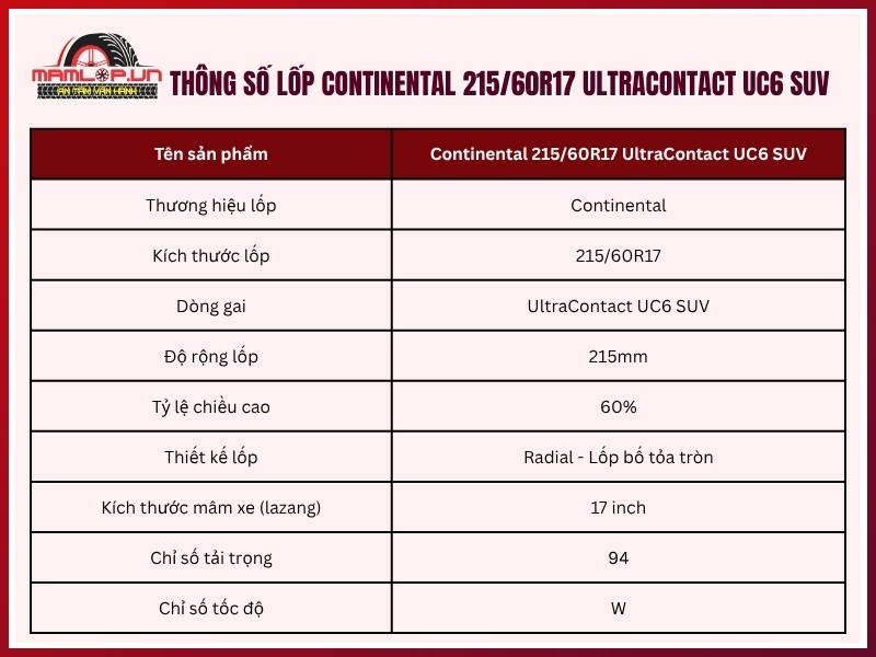 Thông số kỹ thuật vỏ xe Continental 215/60R17 UltraContact UC6 SUV