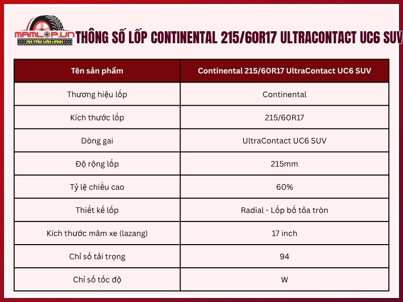 Thông số kỹ thuật vỏ xe Continental 215/60R17 UltraContact UC6 SUV