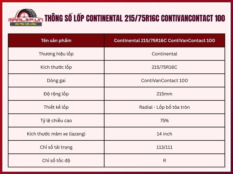 Thông số kỹ thuật vỏ xe Continental 215/75R16C ContiVanContact 100