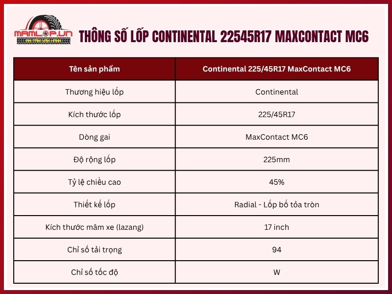 Thông số kỹ thuật lốp xe Continental 225/45R17 MaxContact MC6