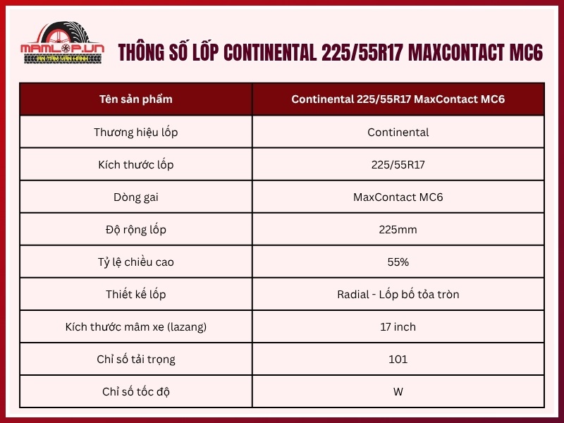 Thông số kỹ thuật vỏ xe Continental 225/55R17 MaxContact MC6