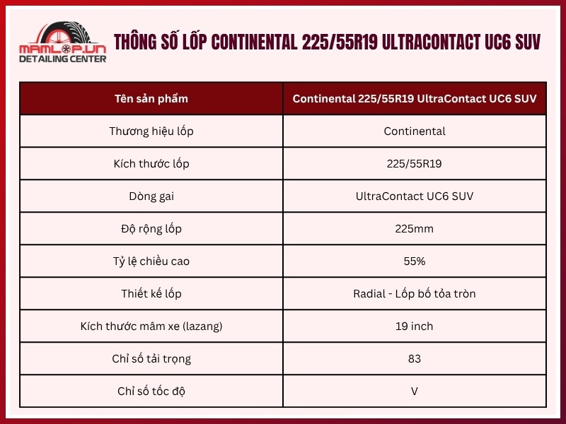 Thông số lốp Continental 225/55R19 UltraContact UC6 SUV
