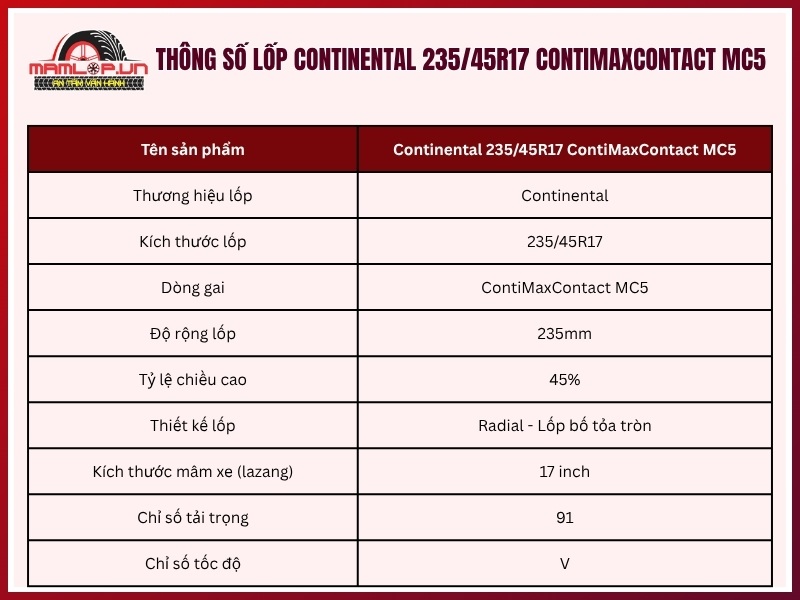 Thông số kỹ thuật vỏ Continental 235/45R17 ContiMaxContact MC5
