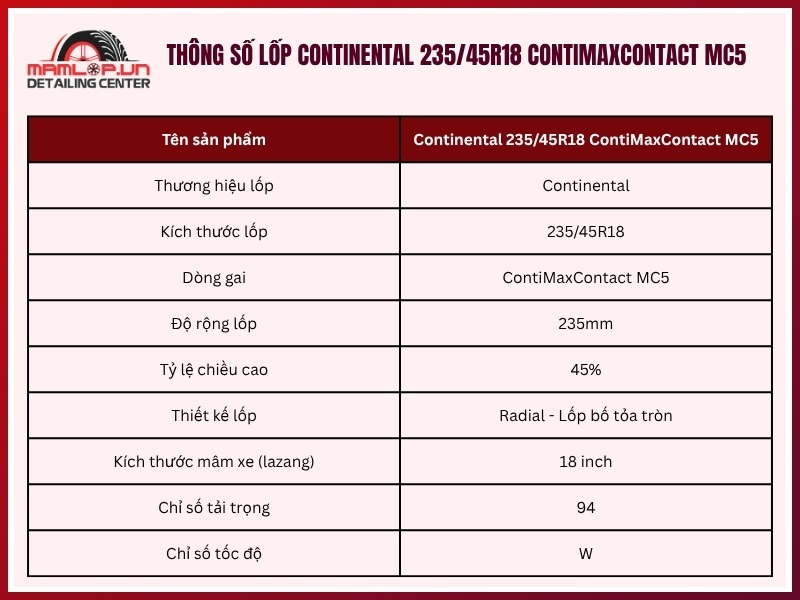 Thông số vỏ xe Continental 235/45R18 ContiMaxContact MC5