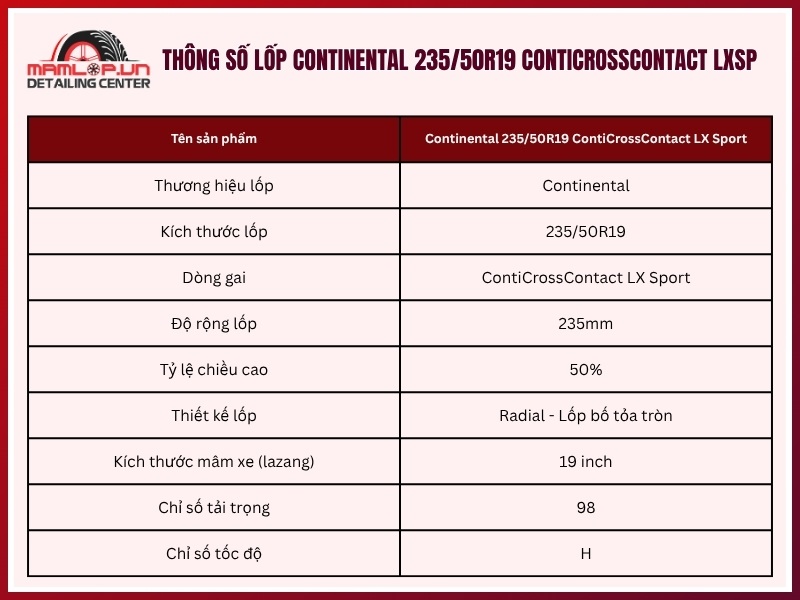 Thông số lốp Continental 235/50R19 ContiCrossContact LXSP