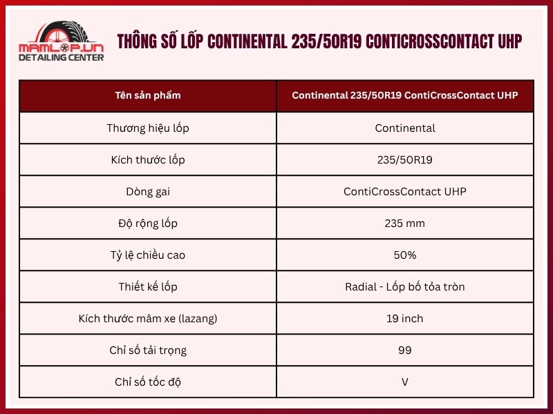Thông số vỏ Continental 235/50R19 ContiCrossContact UHP