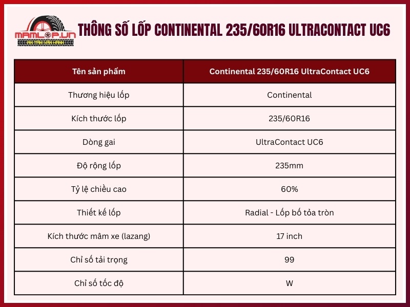 Thông số kỹ thuật vỏ xe Continental 235/60R16 UltraContact UC6