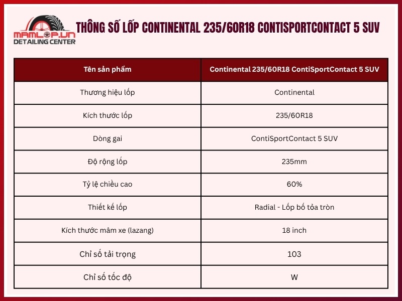 Thông số vỏ xe Continental 235/60R18 ContiSportContact 5 SUV