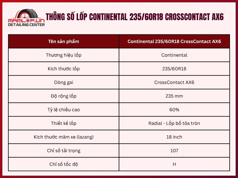 Thông số vỏ xe Continental 235/60R18 CrossContact AX6