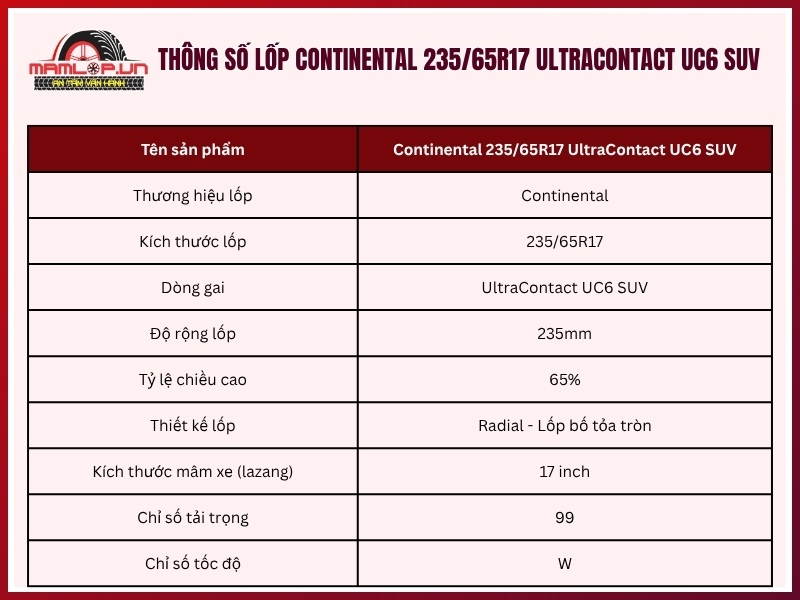 Thông số kỹ thuật vỏ ô tô Continental 235/65R17 UltraContact UC6 SUV