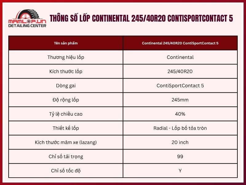 Thông số vỏ xe Continental 245/40R20 ContiSportContact 5