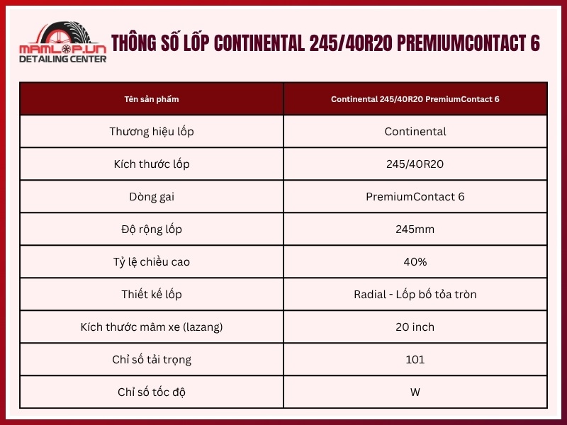 Thông số vỏ xe Continental 245/40R20 PremiumContact 6