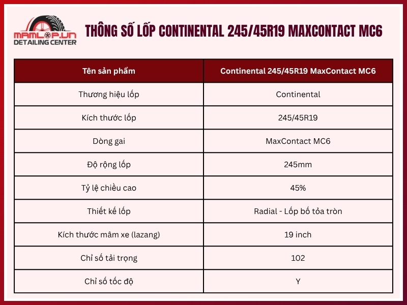 Thông số vỏ xe Continental 245/45R19 MaxContact MC6