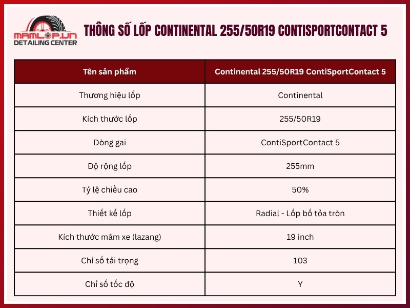 Thông số lốp Continental 255/50R19 ContiSportContact 5