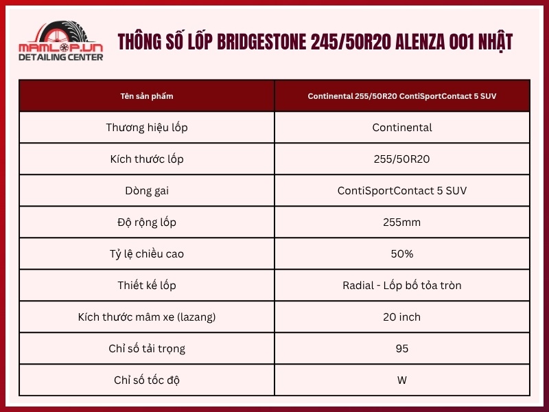 Thông số vỏ xe Continental 255/50R20 ContiSportContact 5 SUV