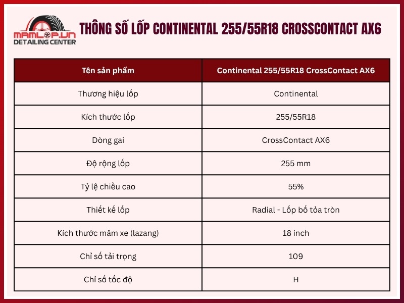 Thông số lốp xe Continental 255/55R18 CrossContact AX6