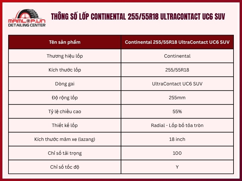 Thông số vỏ Continental 255/55R18 UltraContact UC6 SUV
