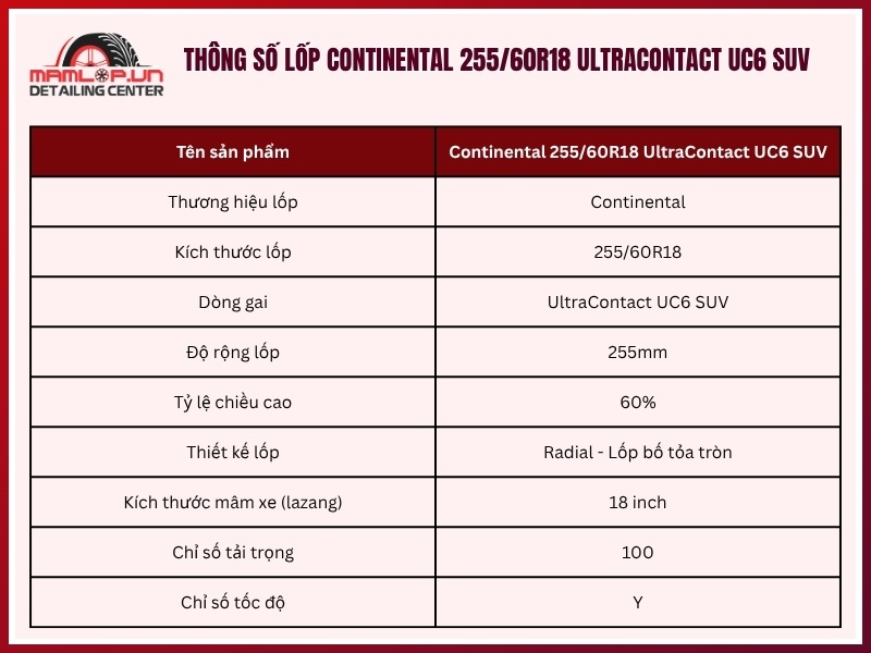 Thông số vỏ ô tô Continental 255/60R18 UltraContact UC6 SUV