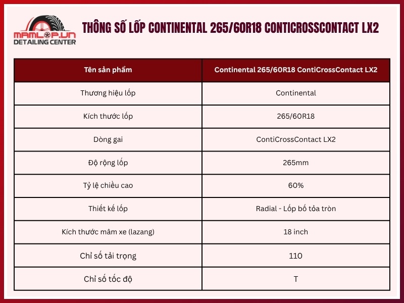 Thông số vỏ xe Continental 265/60R18 ContiCrossContact LX2