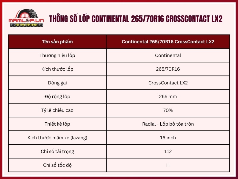 Thông số kỹ thuật lốp Continental 265/70R16 CrossContact LX2
