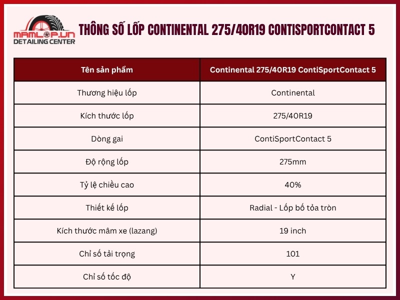Thông số vỏ xe Continental 275/40R19 ContiSportContact 5