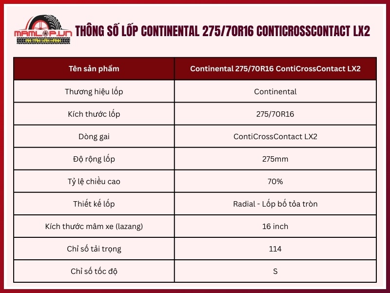 Thông số kỹ thuật lốp Continental 275/70R16 ContiCrossContact LX2