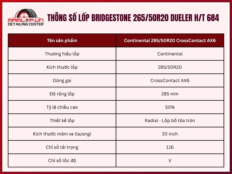 Thông số vỏ xe Continental 285/50R20 CrossContact AX6