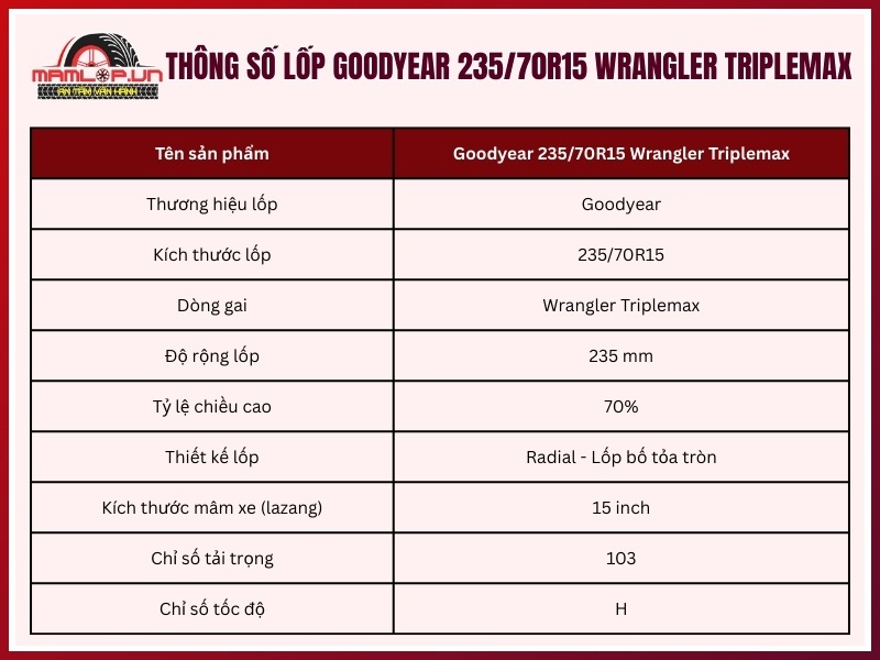 Thông số kỹ thuật của vỏ Goodyear 235/70R15 Wrangler Triplemax