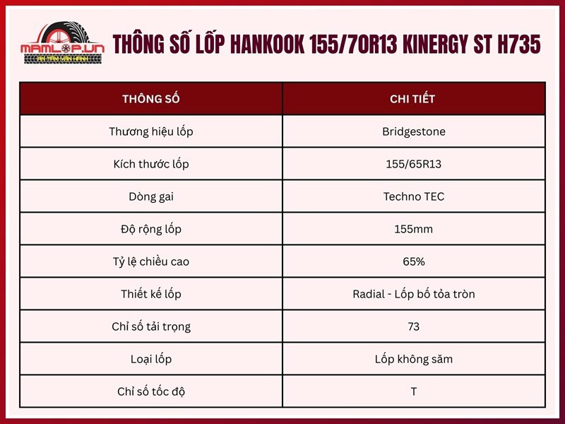 Thông số kỹ thuật của vỏ xe Hankook 155/70R13 Kinergy ST H735