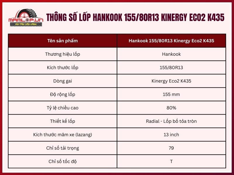 Thông số kỹ thuật vỏ xe Hankook 155/80R13 Kinergy Eco2 K435