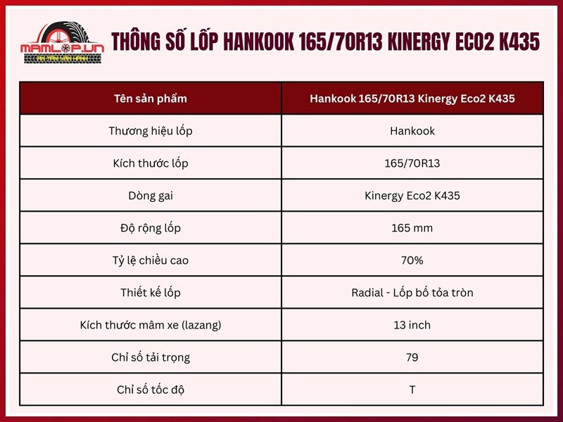 Lốp Hankook 165/70R13 Kinergy Eco2 K435 Thông số kỹ thuật của vỏ ô tô Hankook 165/70R13 Kinergy Eco2 K435