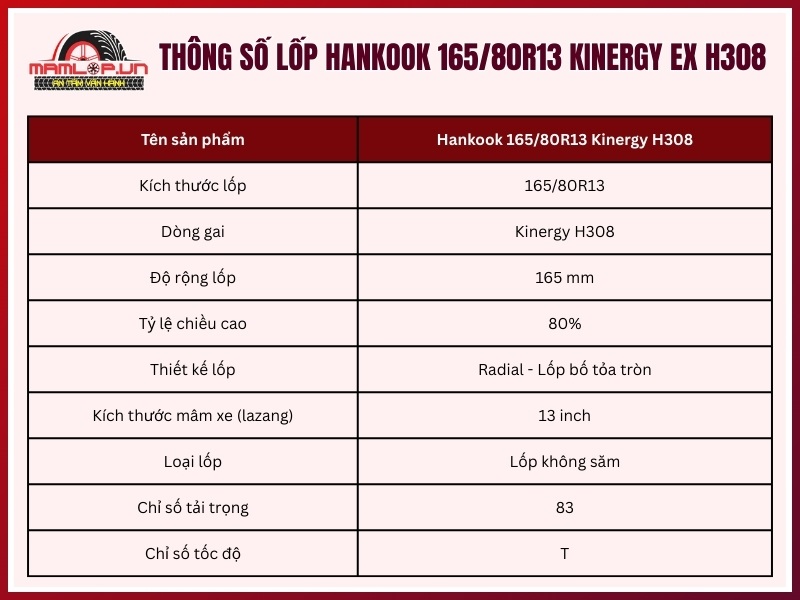 Lốp Hankook 165/80R13 Kinergy EX H308 Thông số kỹ thuật vỏ ô tô Hankook 165/80R13 Kinergy EX H308