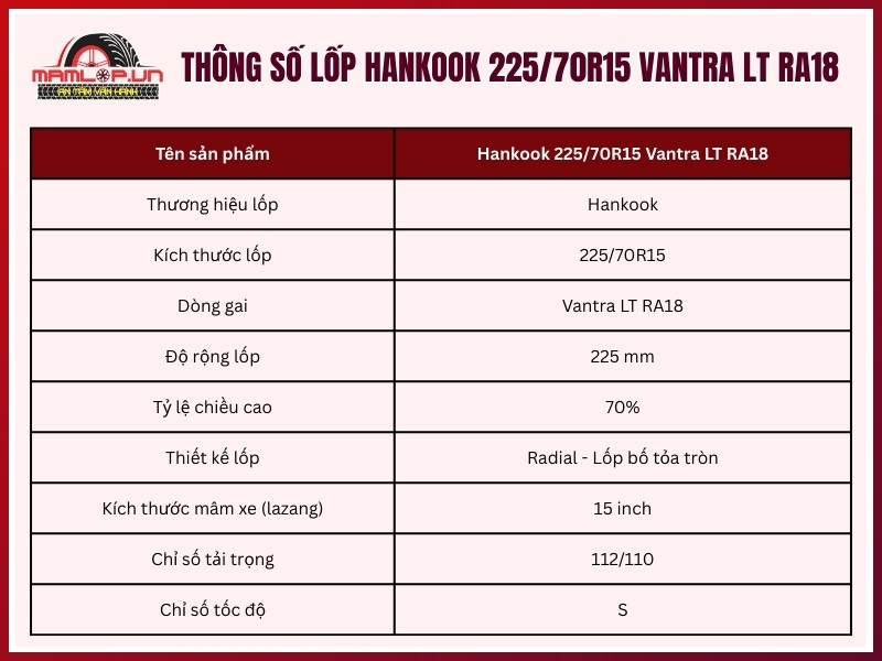 Thông số kỹ thuật của vỏ xe Hankook 225/70R15 Vantra LT RA18
