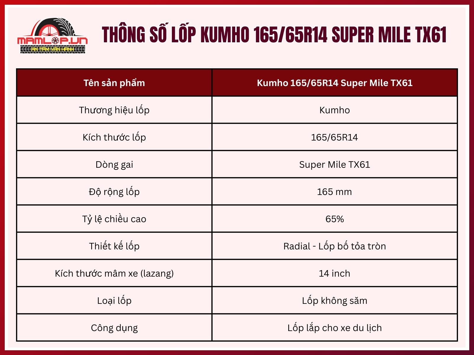 Thông số của vỏ xe ô tô Kumho 165/65R14 Super Mile TX61