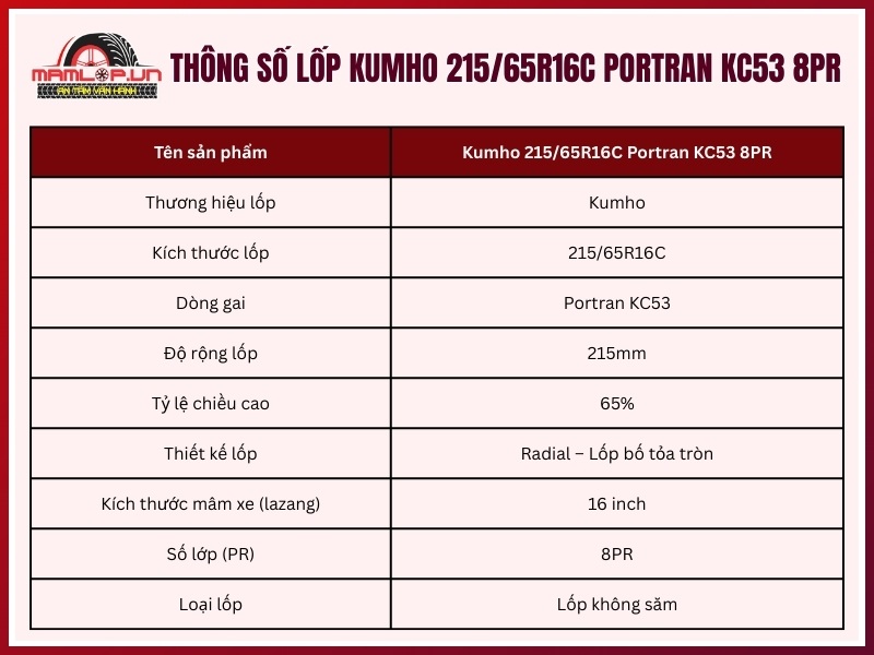 Thông số kỹ thuật vỏ Kumho 215/65R16C Portran KC53 8PR