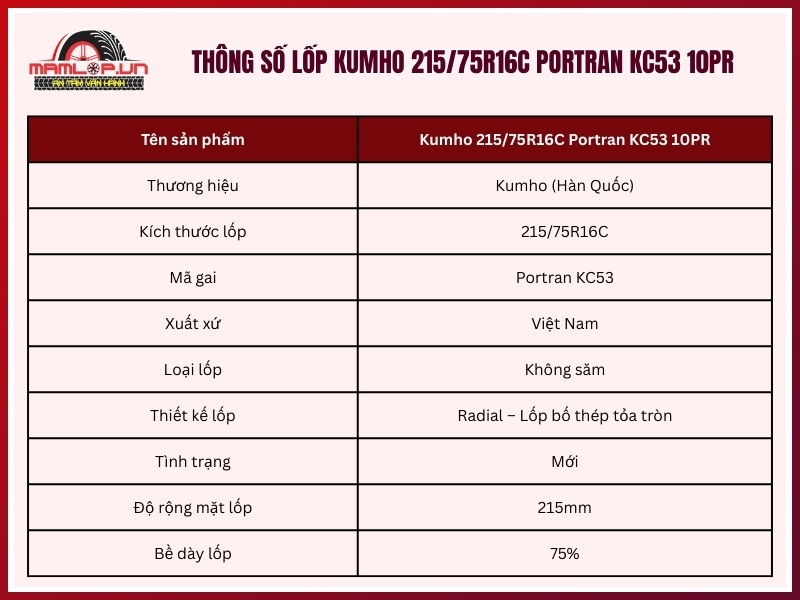 Thông số kỹ thuật vỏ Kumho 215/75R16C Portran KC53 10PR
