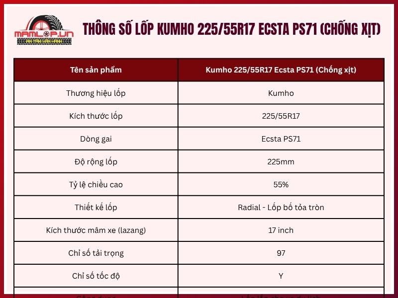 Thông số kỹ thuật lốp Kumho 225/55R17 Ecsta PS71 (Chống xịt)