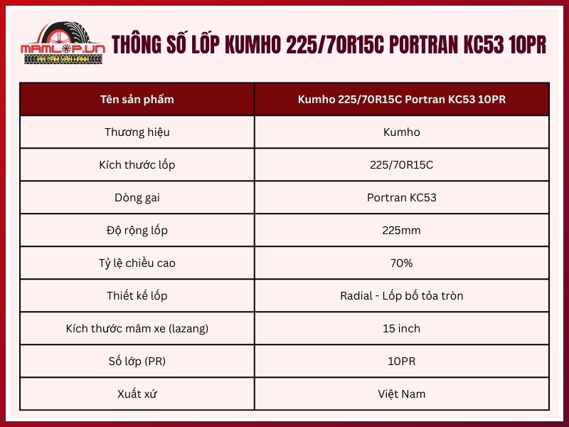 Thông số kỹ thuật vỏ Kumho 225/70R15C Portran KC53 10PR