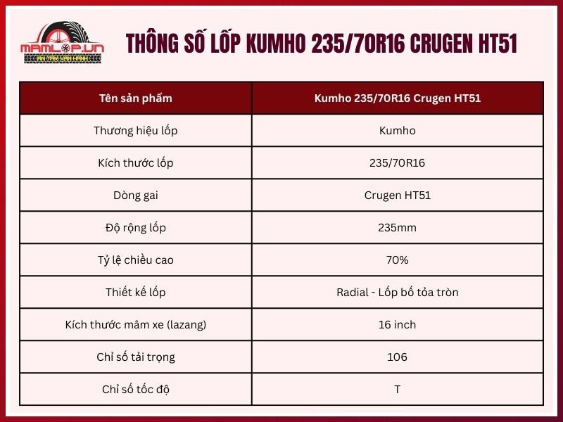 Thông số kỹ thuật vỏ xe Kumho 235/70R16 Crugen HT51