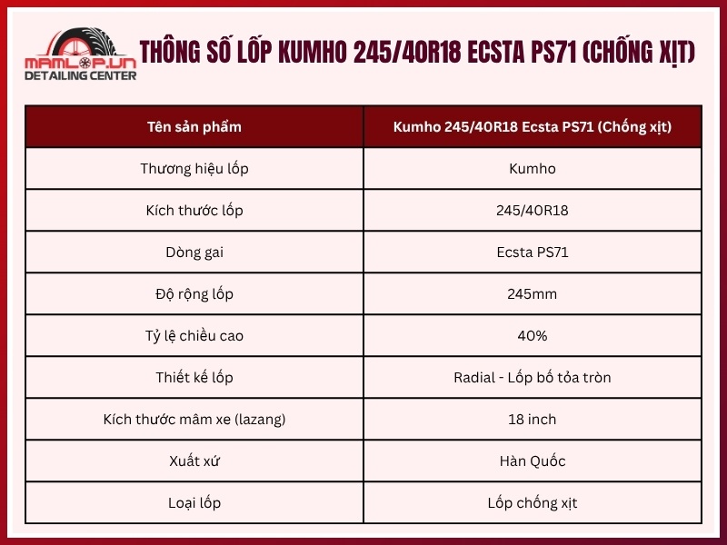 Thông số vỏ xe Kumho 245/40R18 Ecsta PS71 (Chống xịt)