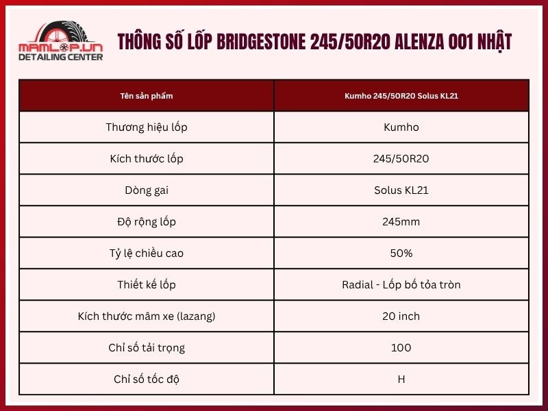 Thông số lốp Kumho 245/50R20 Solus KL21