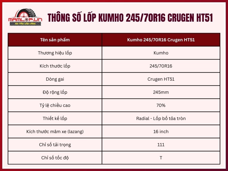 Thông số kỹ thuật vỏ xe Kumho 245/70R16 Crugen HT51