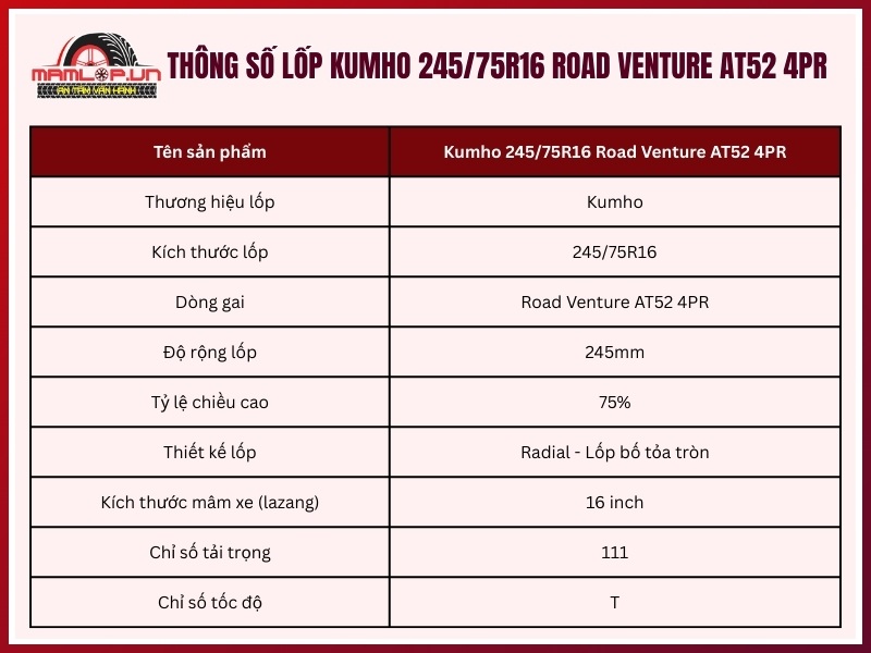 Thông số kỹ thuật vỏ xe Kumho 245/75R16 Road Venture AT52 4PR