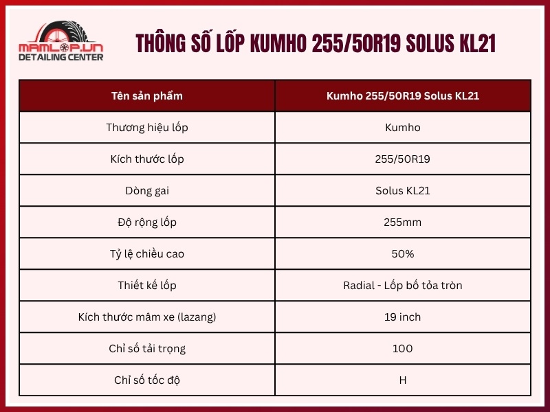 Thông số vỏ xe Kumho 255/50R19 Solus KL21