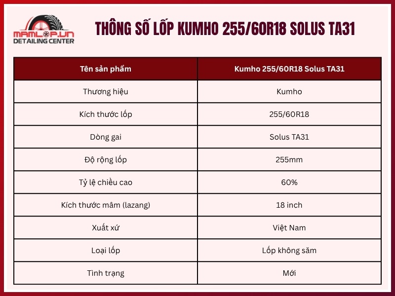 Thông số vỏ xe Kumho 255/60R18 Solus TA31