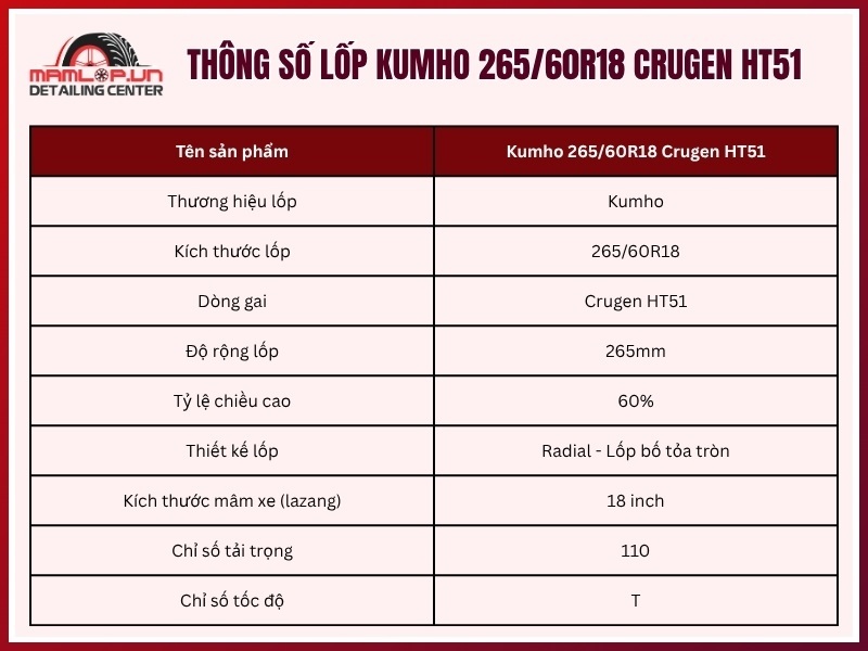 Thông số vỏ xe Kumho 265/60R18 Crugen HT51