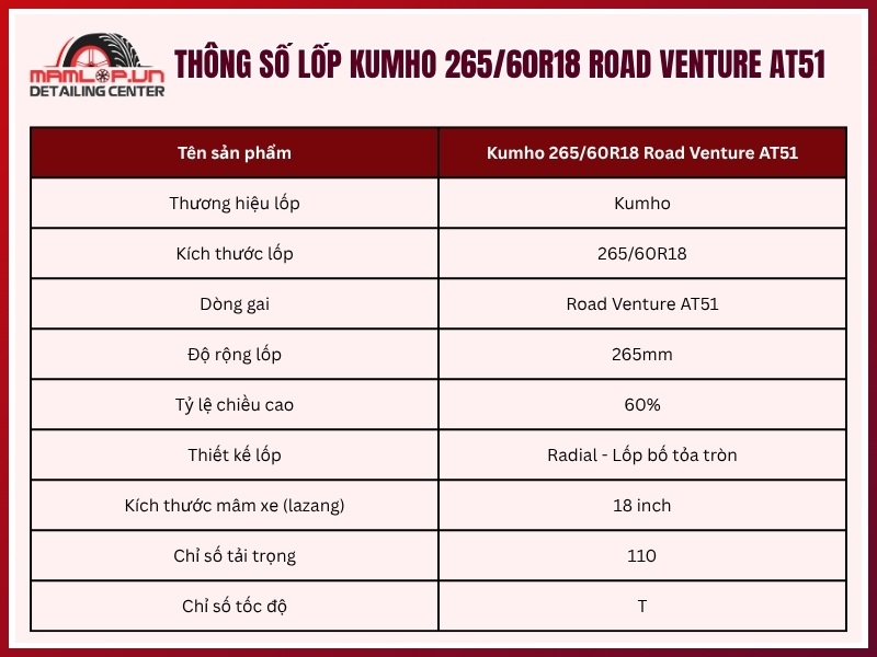 Thông số vỏ xe Kumho 265/60R18 Road Venture AT51