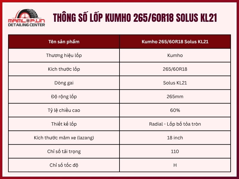 Thông số vỏ xe Kumho 265/60R18 Solus KL21